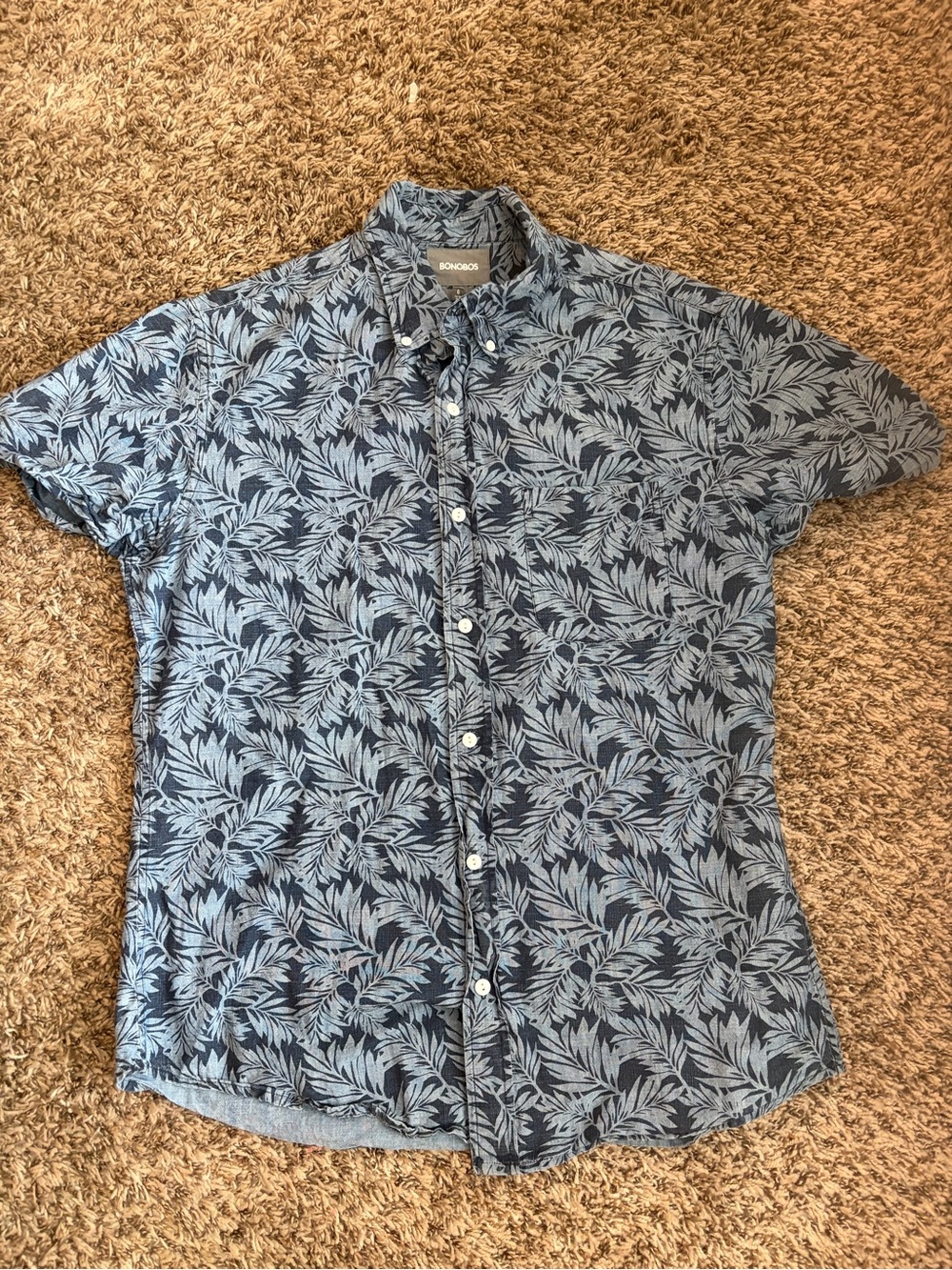 Bonobos Men’s Blue Leaf-Print Short Sleeve Shirt Size Large